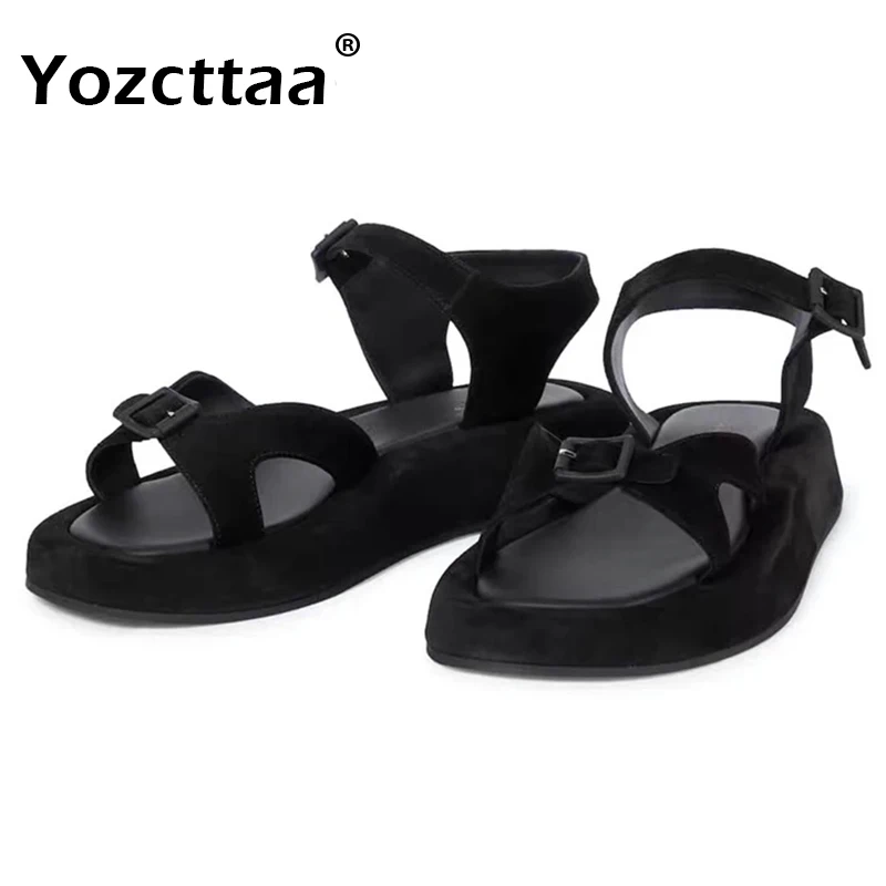 Yozcttaa Size 35-40 Women Gladiator Sandals Real Leather Wedges Heels Summer Shoes 2025 Buckle Straps Casual Beach Casual Office