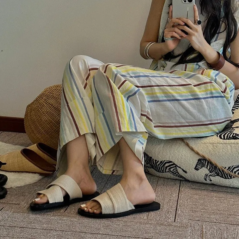 Korean version of the minority canvas open toe lazy slippers female summer wear a word broadband casual flat slippers