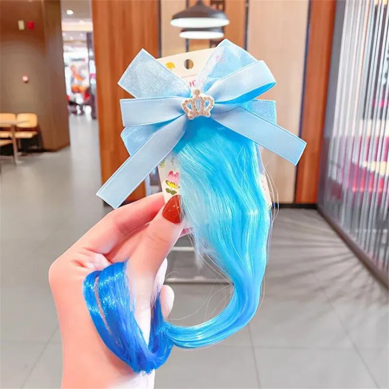 Glitter Candy Color Wig Ponytail for Girl Sweet Princess Shiny Bow Wig Braided Hairpin Cute Kids Hair Styling Headwear