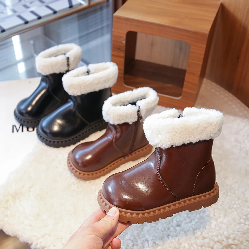 

Children's Leather Boots 3-18 Years Old Brown Padded Simple Retro Girls Cotton Shoes Fall Winter Soft Non-slip Kids Ankle Boots