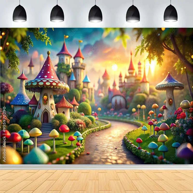 Fairy Tale Magical Forest Photography Backdrops Mushrooms Sunlight Gingerbread House Life Tree in Wonderland Background MF-02