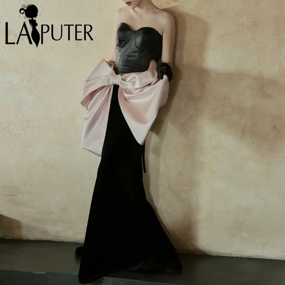 

Black Leather Mermaid Evening Dresses Pink Big Bow Knot Party Dress Strapless Neck Woman Mermaid Celebrity Dress