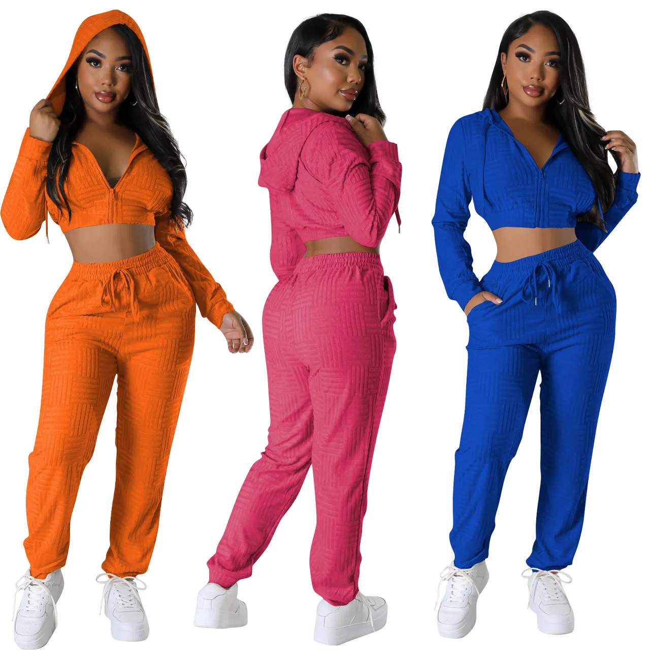 Fall Female Sweatsuit Sweatpants & Hoodiessolid Color Zipper Hooded Crop Top Sex Two-Piece