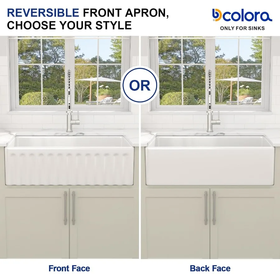 33 x 18 wendbare Bauernhaus-Waschbecken, weiße Schürze vorne, Küchenspüle, Keramik-Feuerzeug, doppelseitiges Frontdesign mit glatter geriffelter Pa