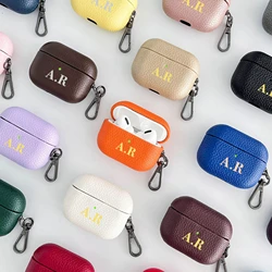 Personalized Initials Letters Customize Earphone DIY Case For Airpods 1 2 3 4 Pro 2 Luxury Lychee Skin Pattern With Keychain