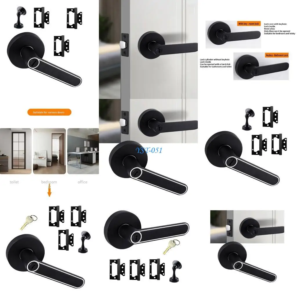 

E15A Bedroom Bathroom Door Lock Heavy Duty Door Handle Lock with Door Stoppers & Hinges