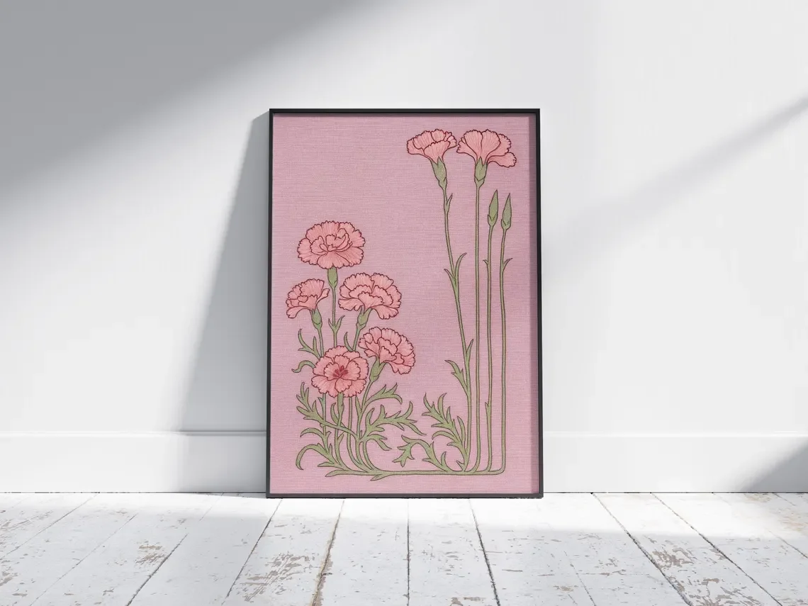 Carnations Art Nouveau Print: Floral Vintage Style Wall Art,