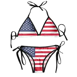Women Triangle Swimsuit Lace-up Bikini Set Sexy Halter Swimwear Pushup United States Flag