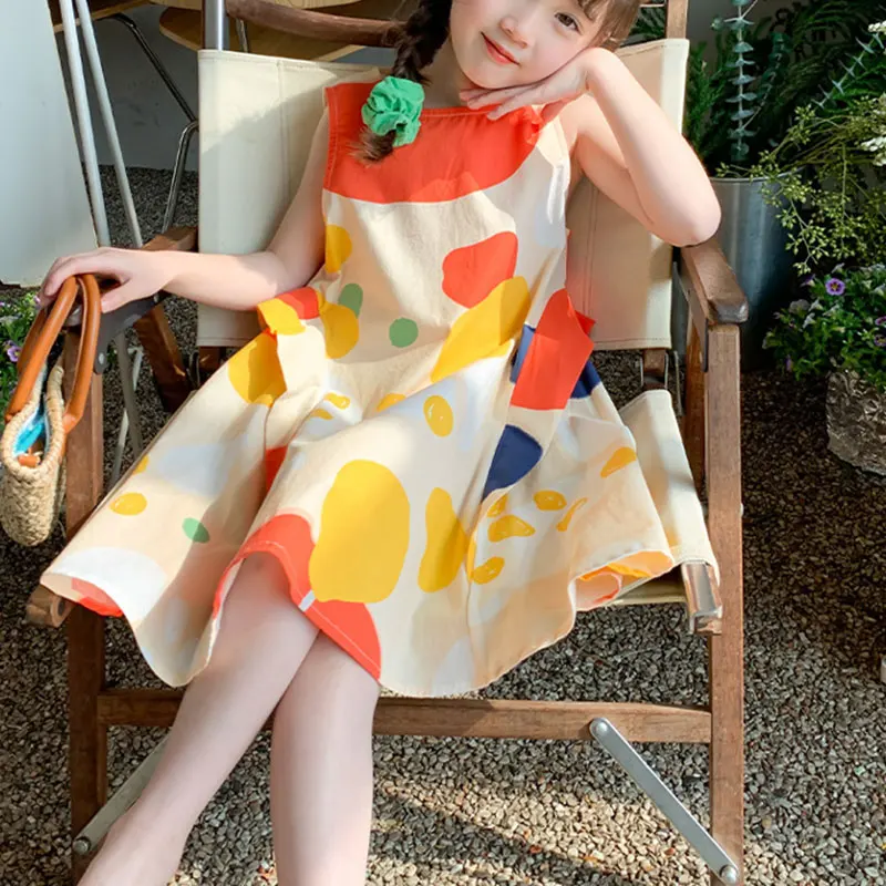 Elegant Fashion Harajuku Slim Fit Children Clothes Loose Casual All Match Sundress O Neck Printed Sleeveless Princess Dress