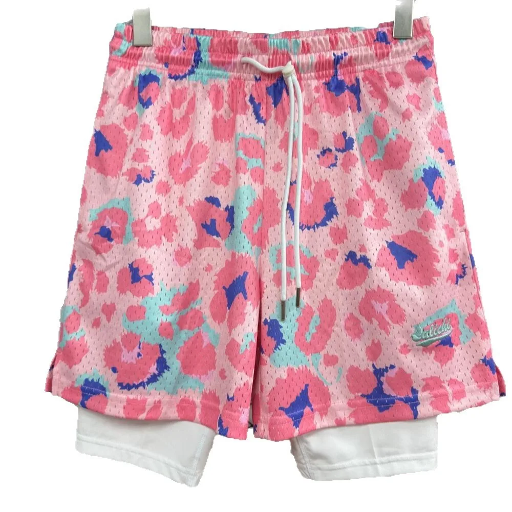 Summer Embroidery Pink Printing American Four-quarter Pants Comfortable Lining Fake Two-piece Basketball Shorts for Men Women