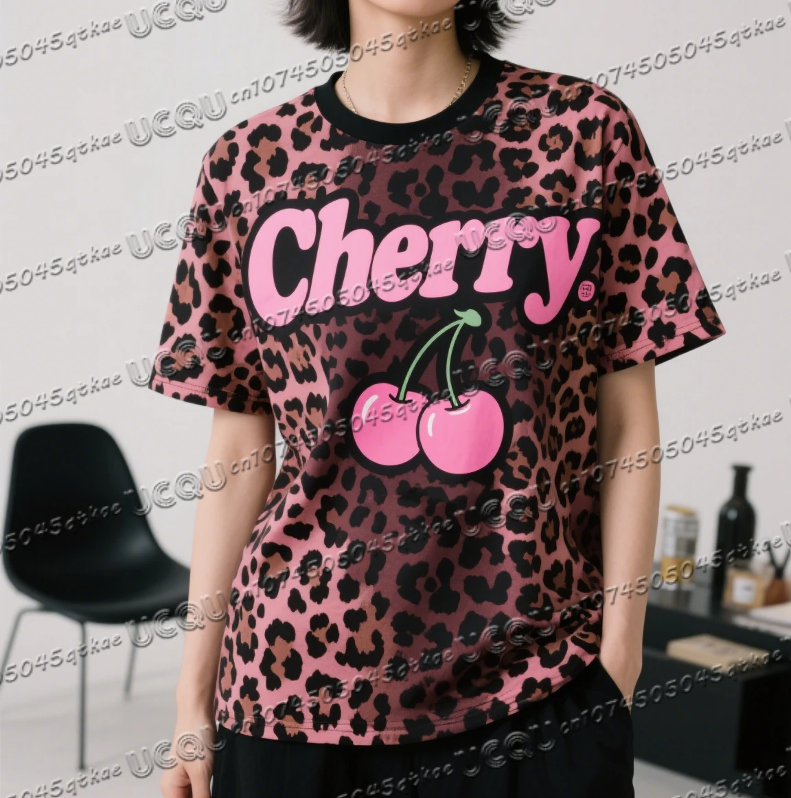 الصيف المألوف ليوبارد طباعة الكرز المرأة الأساسية فضفاضة ومريحة قصيرة الأكمام المرأة تي شيرت سريعة الجافة بلايز المحملة #1