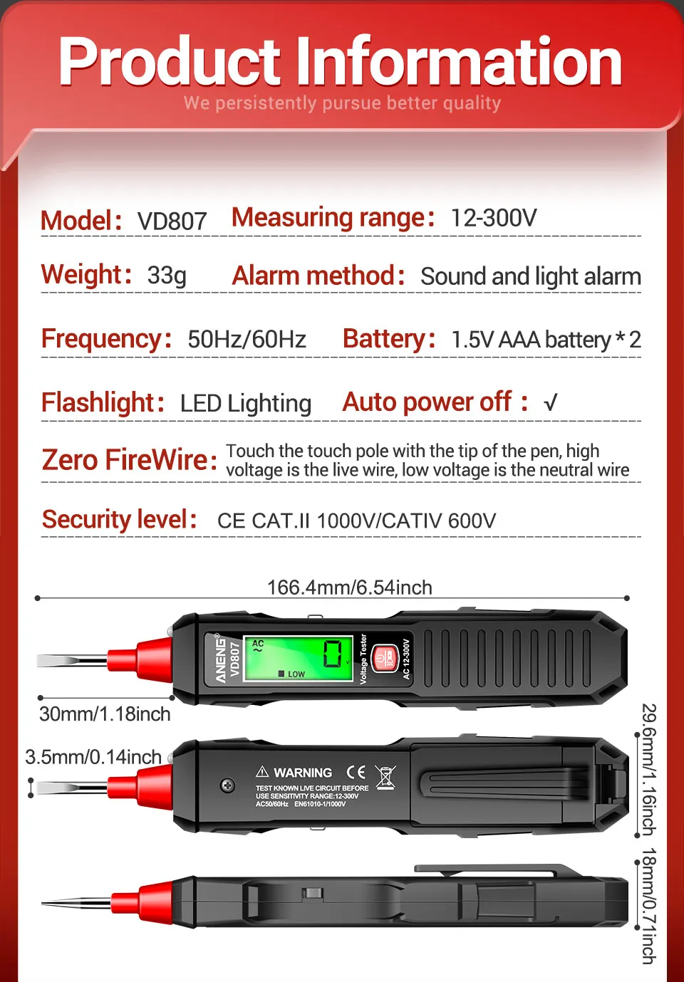 ANENG VD807 Ein-Wort-Induktionstester Tragbarer 50/60 Hz intelligenter elektrischer Stift NCV-Sensor AC 12-300 V berührungslose Drahtdetektor-Werkzeuge – Detail 6