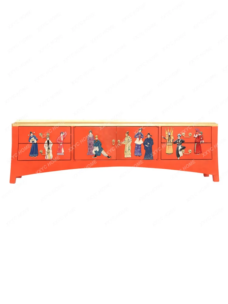 Solid Wood Orange Red Painted Peking Opera Personalized Art New Chinese Model Room Villa Living Room TV Cabinet Floor