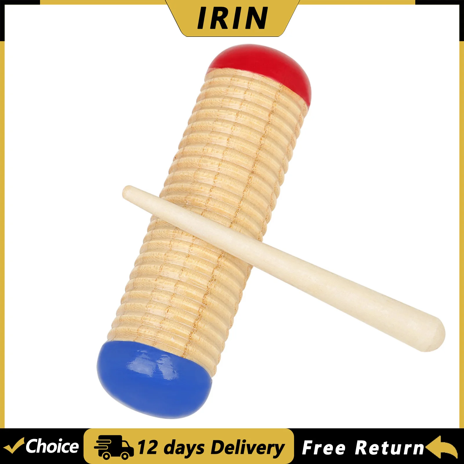 IRIN Wooden Guiro Scraping Cylinder Red and Blue Solid Wood Orff Percussion Musical Instrument Educational Tools Gifts