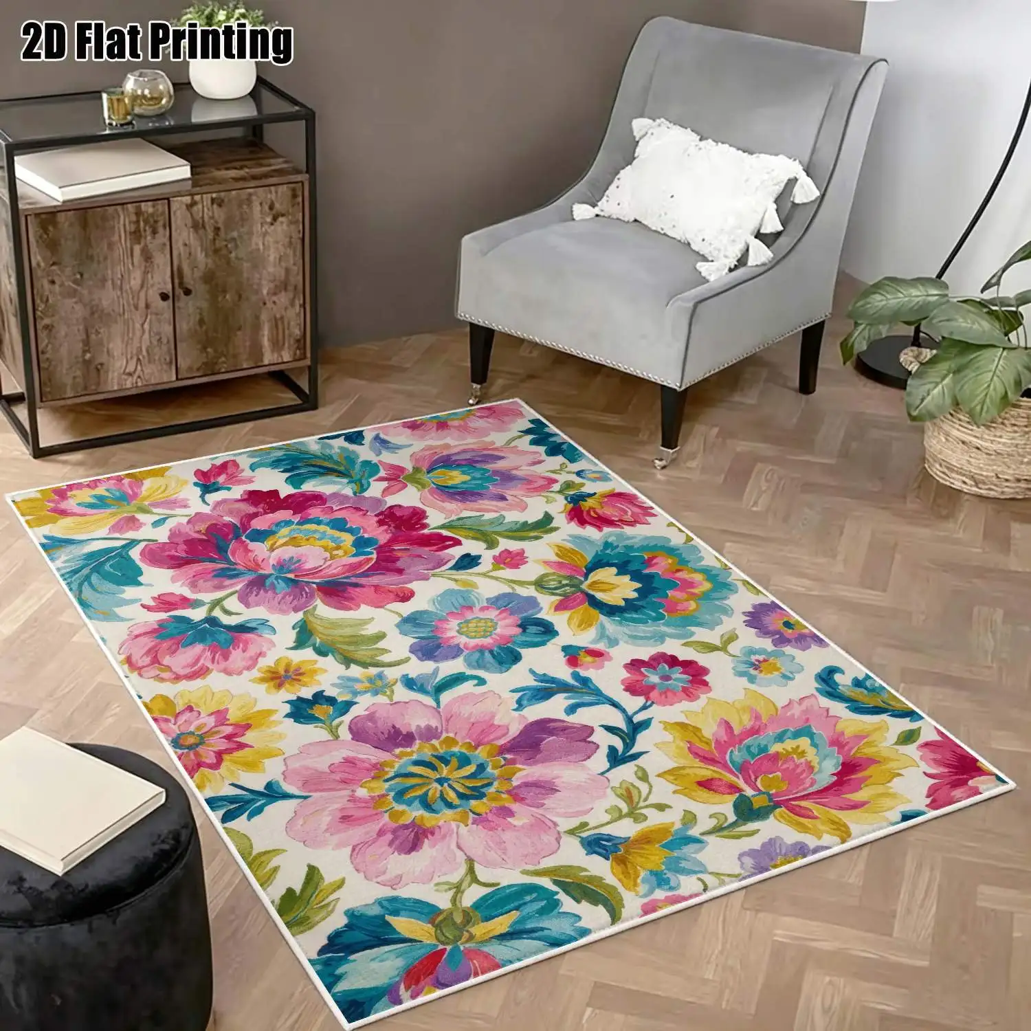 1Pc 2D Printed Velvet Carpet with Colorful Floral Patterns, European/Bohemian Style, Home Decor, Multiple Sizes, Machine Washable, Multi-Use Mats