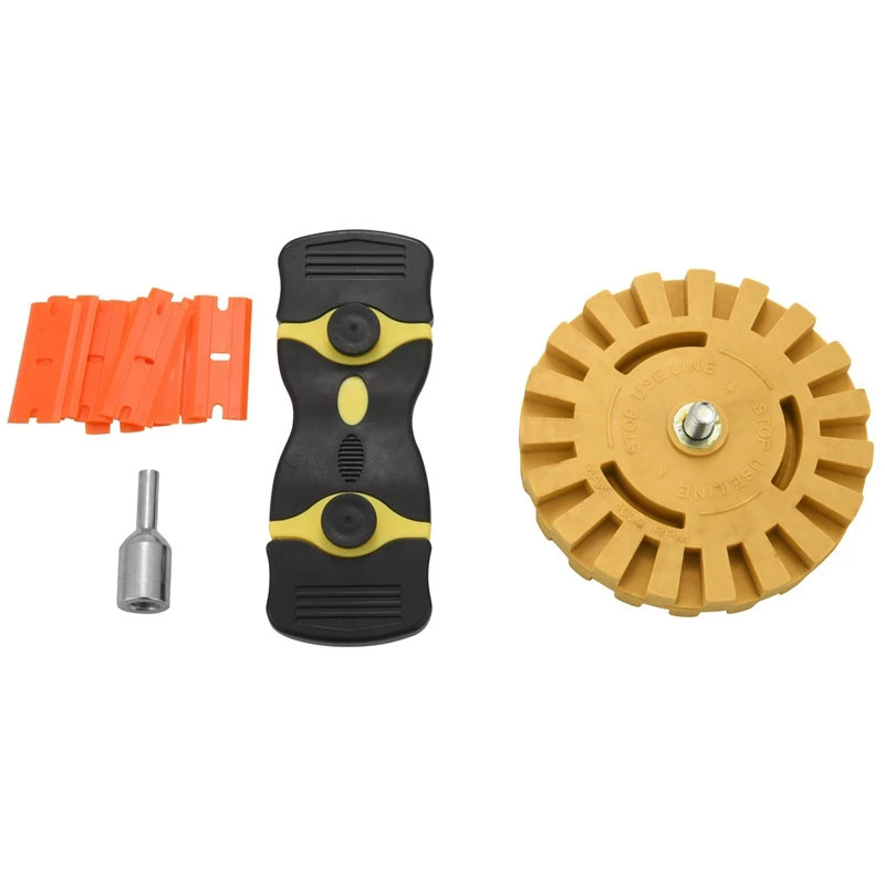 A98E-Eraser Wheel Decal Remover Set 4 Inch Adhesive Sticker And Vinyl Remover With Plastic Razor Blades And Drill Adapter