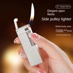 Silver-Plated Open Flame Side-Slip Lighter Metal 45° Oblique Fire Portable Inflatable Butane Lighter Smoking Accessories