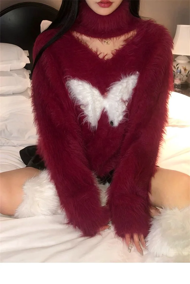 

Luxury Black American Retro Round Neck Mink Velvet Pink Diamond Butterfly Sweater In Autumn And Winter Womens Pure Loose Sweater