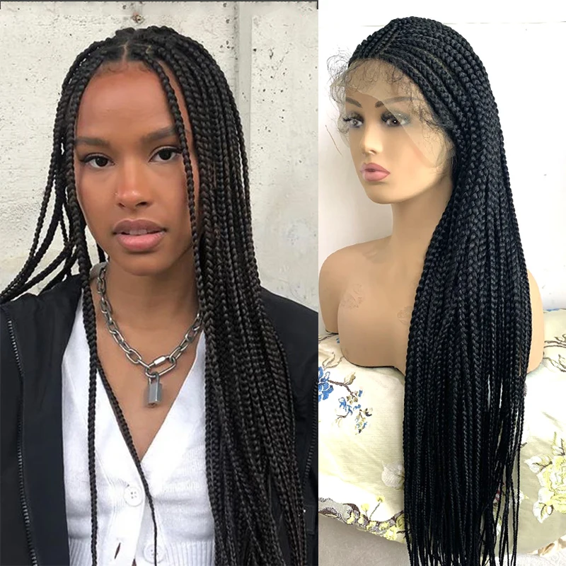 

Natural Black Ponytail 34 inch Long Braid Transparent Lace Wigs Hand Braided Box Braid Full Lace Wig For Women With Baby Hair