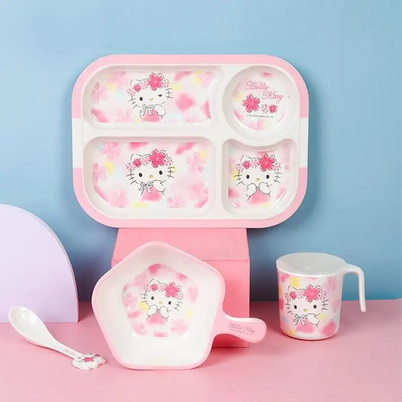 

Посуда Sanrio Hello Kitty с героями мультфильмов, детская бытовая анти-падение, термостойкая миска для прикорма, ложка, тарелка, набор из четырех предметов