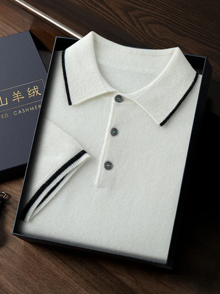 Tcyeek Men's Cashmere Summer Polo T-shirt Smart Casual Short Sleeve Pullover Sweater 100% Cashmere Knitwear Korean Fashion Tops