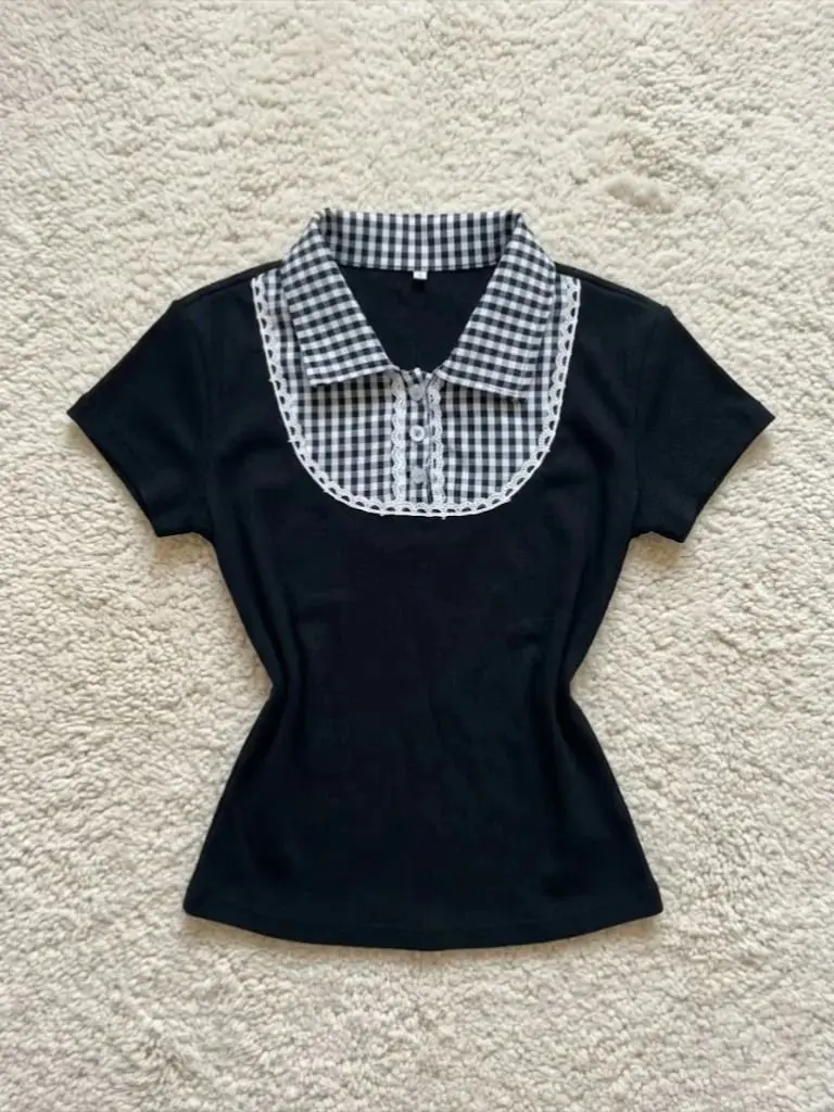 Kimutomo Y2K Vintage Black White Check Polo Neck Fake Two Piece Tee Women Slim Fit Sweet Cool Summer Streetwear Top