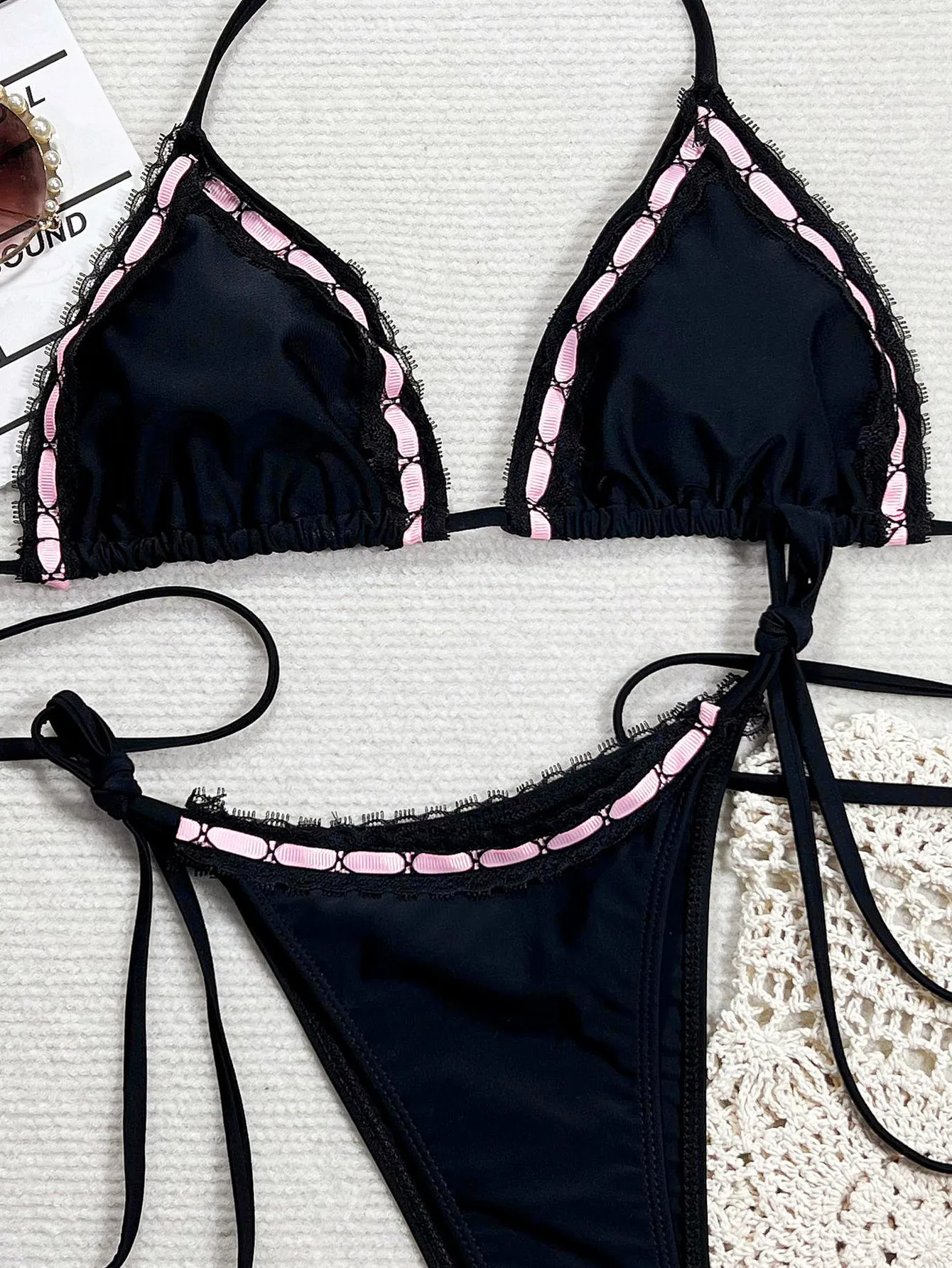 Conjuntos de bikinis con cordón de encaje de retales, traje de baño sexy de dos piezas con lazo halter, traje de baño, bikini bakini tankini