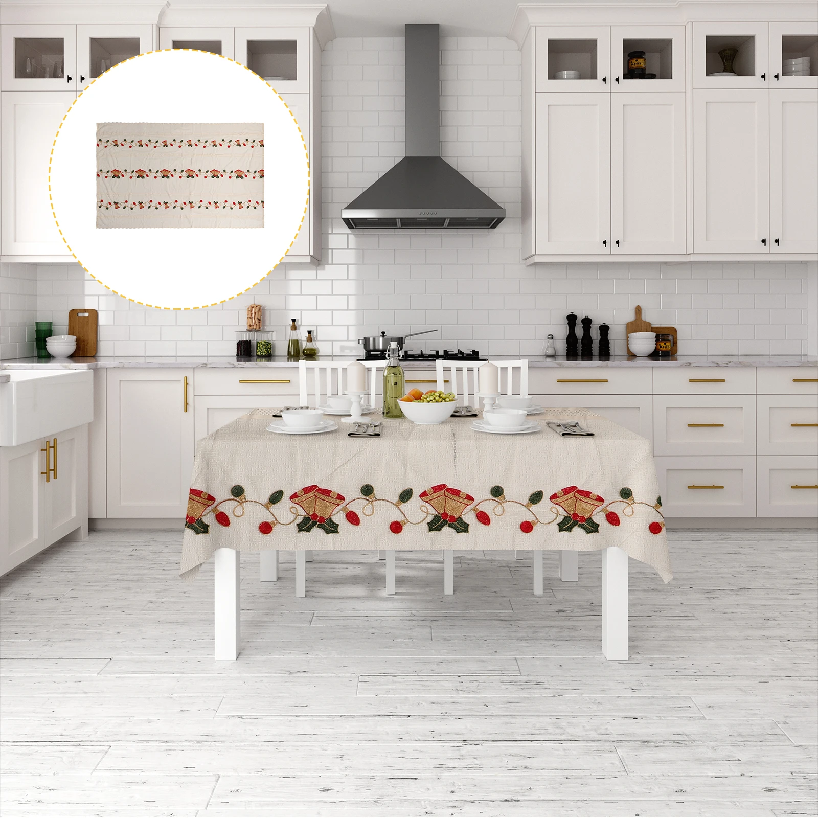 

Elegant Christmas Tablecloth Embroidered Rectangular Jingle Bell Design Washable Polyester Table Cover For Holiday Wedding Party