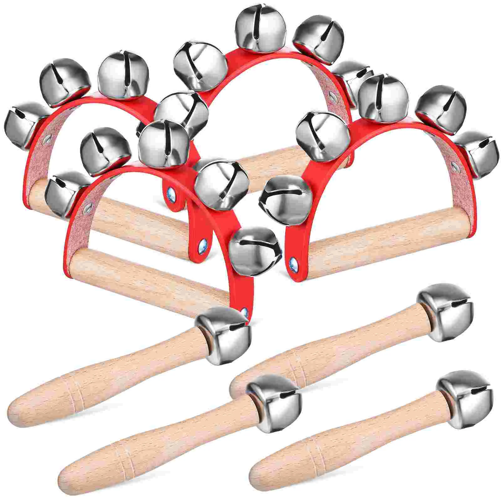 8 Pcs and One Bell Rattle + Red Half-moon Shaped Five-ling Hand Jingle Bells Wooden Handhold Rattles Shaker The