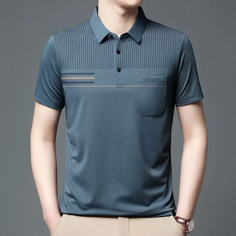 

Высококачественный мужской топ-поло из мерсерированного хлопка с короткими рукавами среднего возраста, тонкий настоящий карман