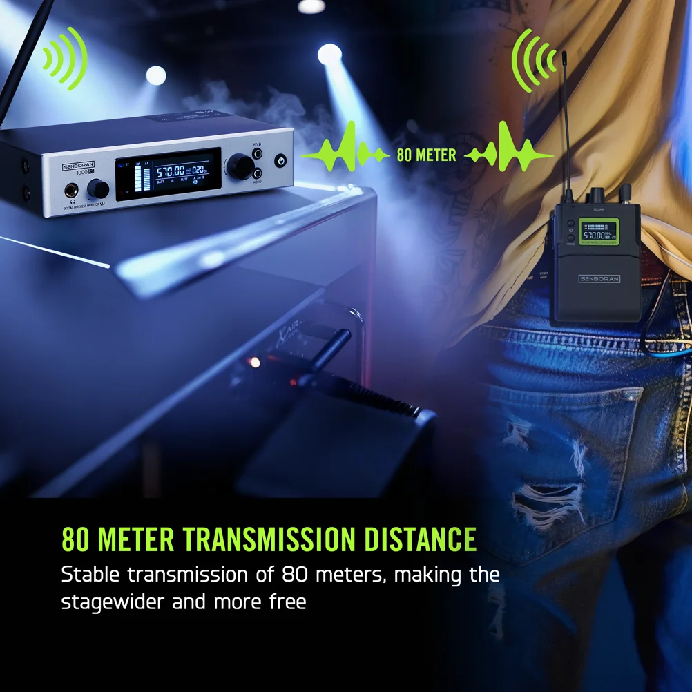 Senboran 1000Rs sistema de Monitor de oído inalámbrico UHF de Audio de escenario de baja latencia con transmisor múltiple para cantante de puesta en escena