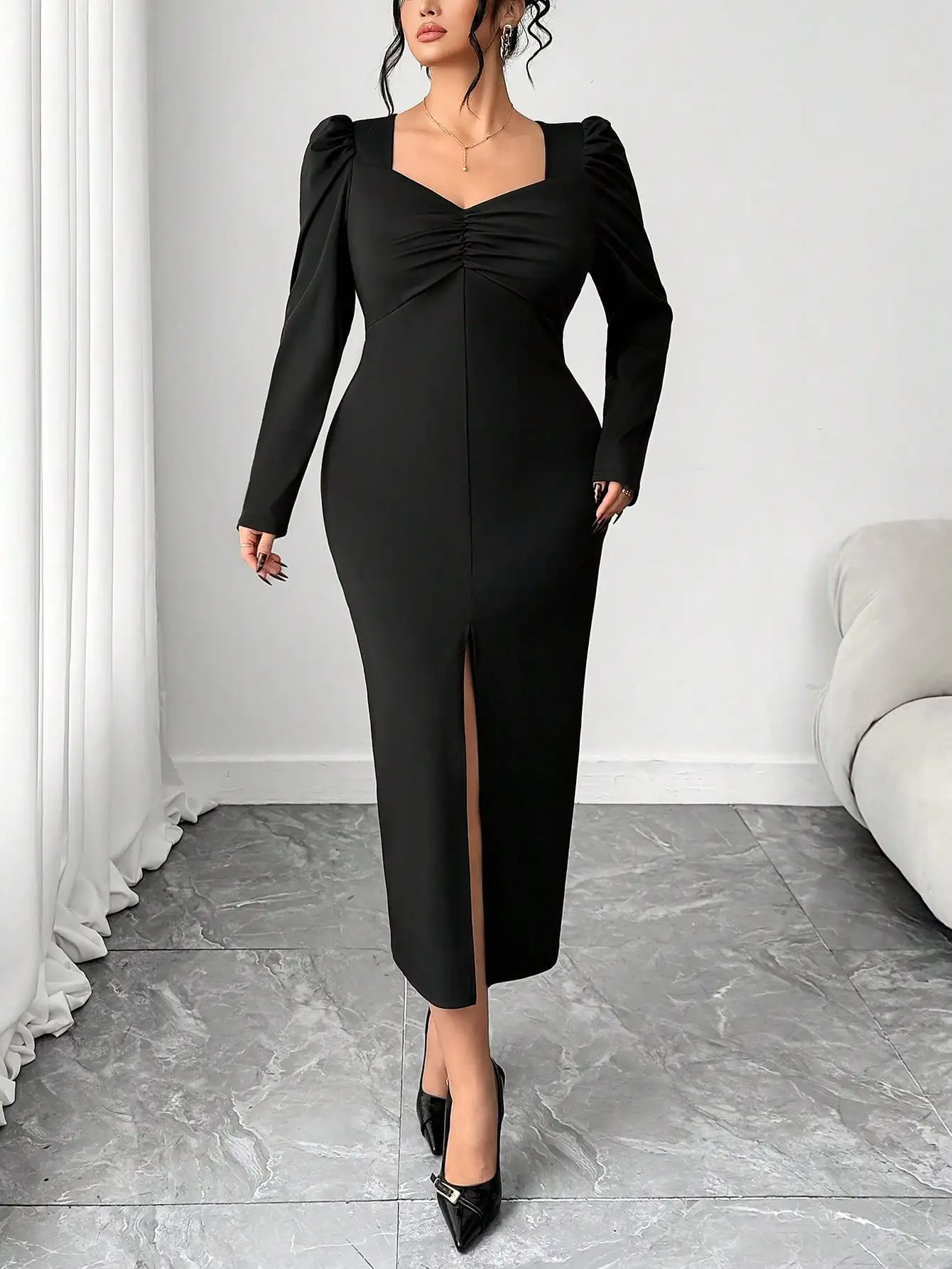 

Elegant Black Square Neck Puff Sleeve Ruched Waist Split Hem Bodycon Dress For Business Party Holiday