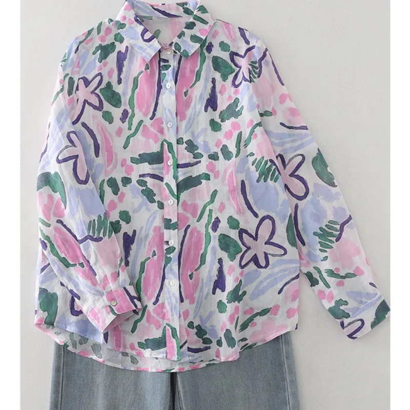 Women Cotton Linen Floral French Artistic Print Shirt Top For Autumn Casual Button Long Sleeve Pink Blouse Korean Style Clothes