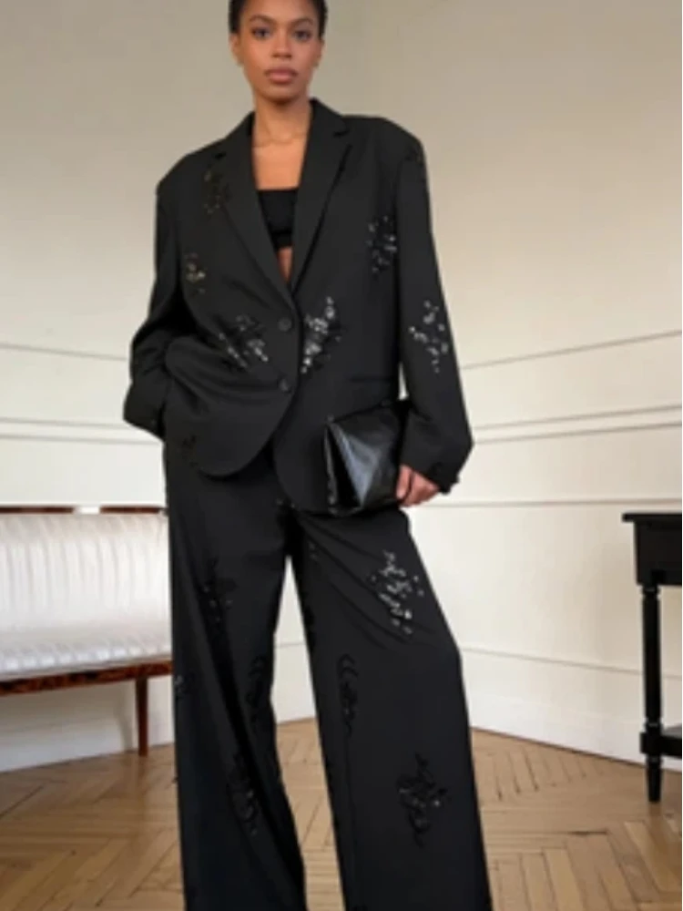 Elegante Conjunto de Pantalón y Top con Lentejuelas a Rayas para Mujer, Moda Negra, Cuello Solapa, Abrigo Suelto de Un Solo Botón, Pantalones Anchos, Conjuntos de Señora