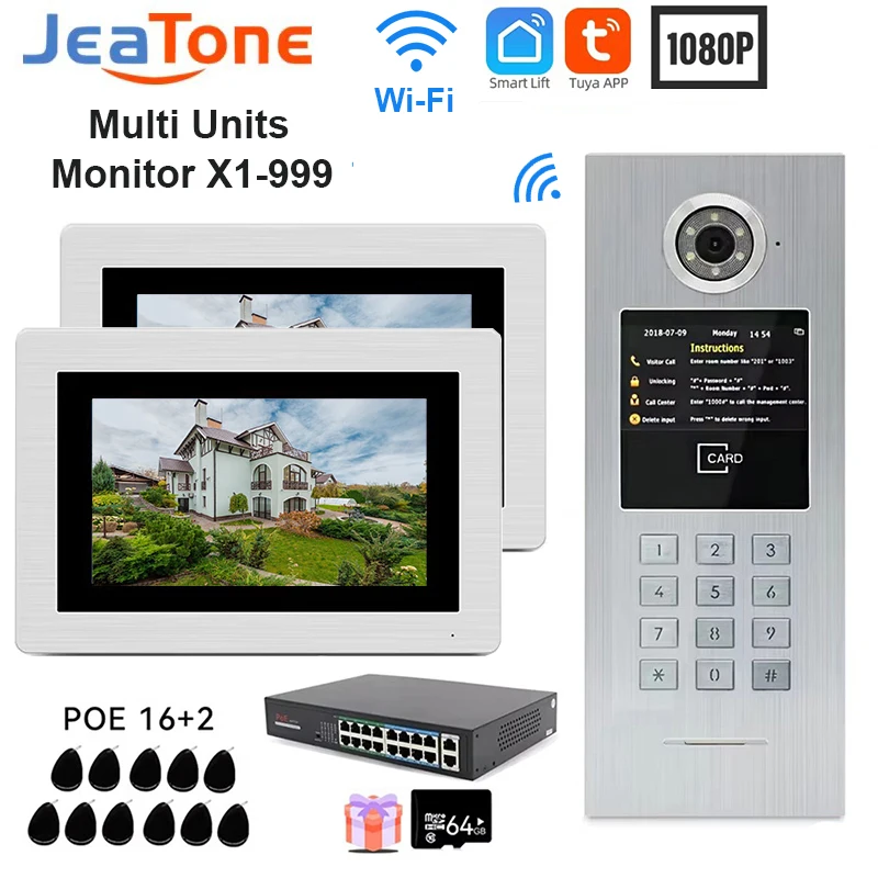 Jeatone Neues POE-Video-Gegensprechanlage-Set für mehrere Wohnungen, 1080P, Touch-Monitor, Türklingel, Zugangskontrollsystem für Villa-Wohnung