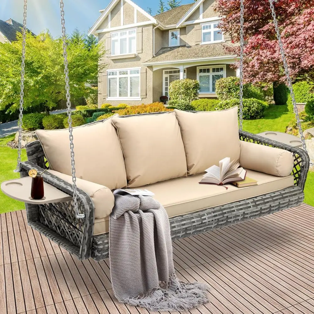 

3-Seat Grey Rattan Outdoor Swing Chair with Cushions and Drink Tray for Patio, Garden, or Poolside