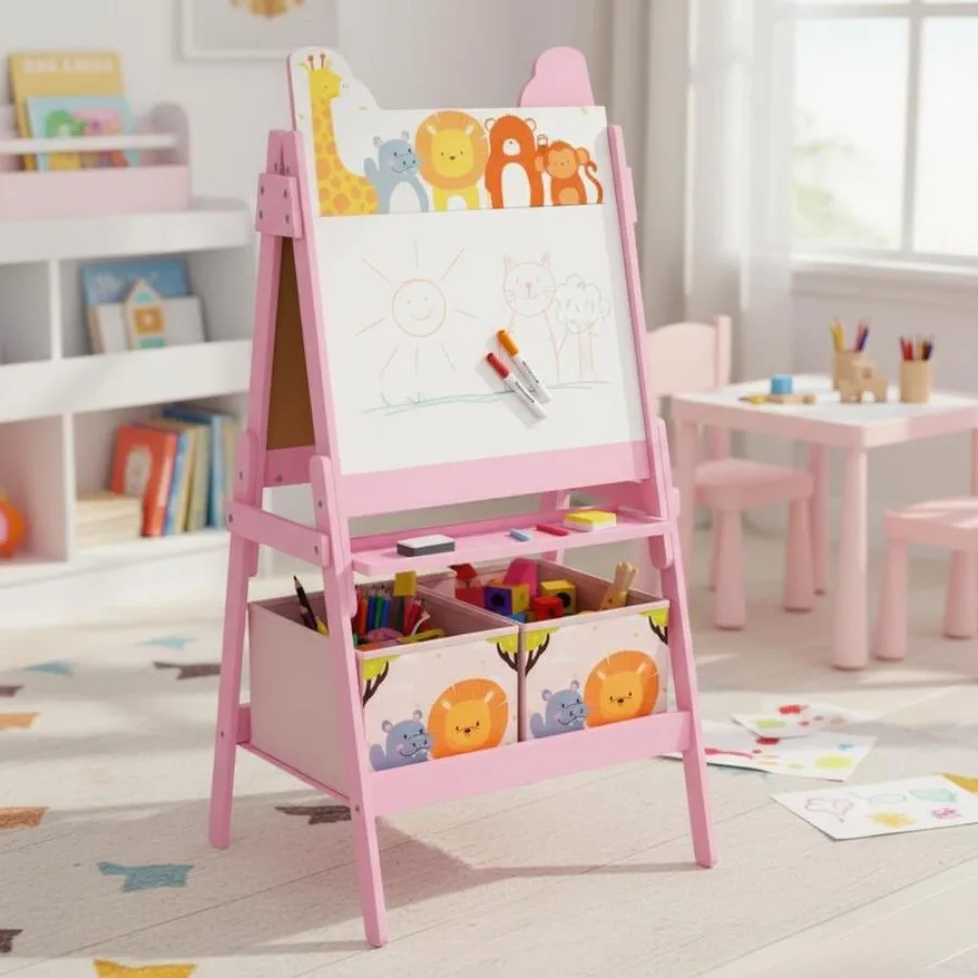 

AIYAPLAY 2 in 1 Kids Easel with Whiteboard, Chalkboard, Storage Boxes, for Ages 3-8 Years, Pink
