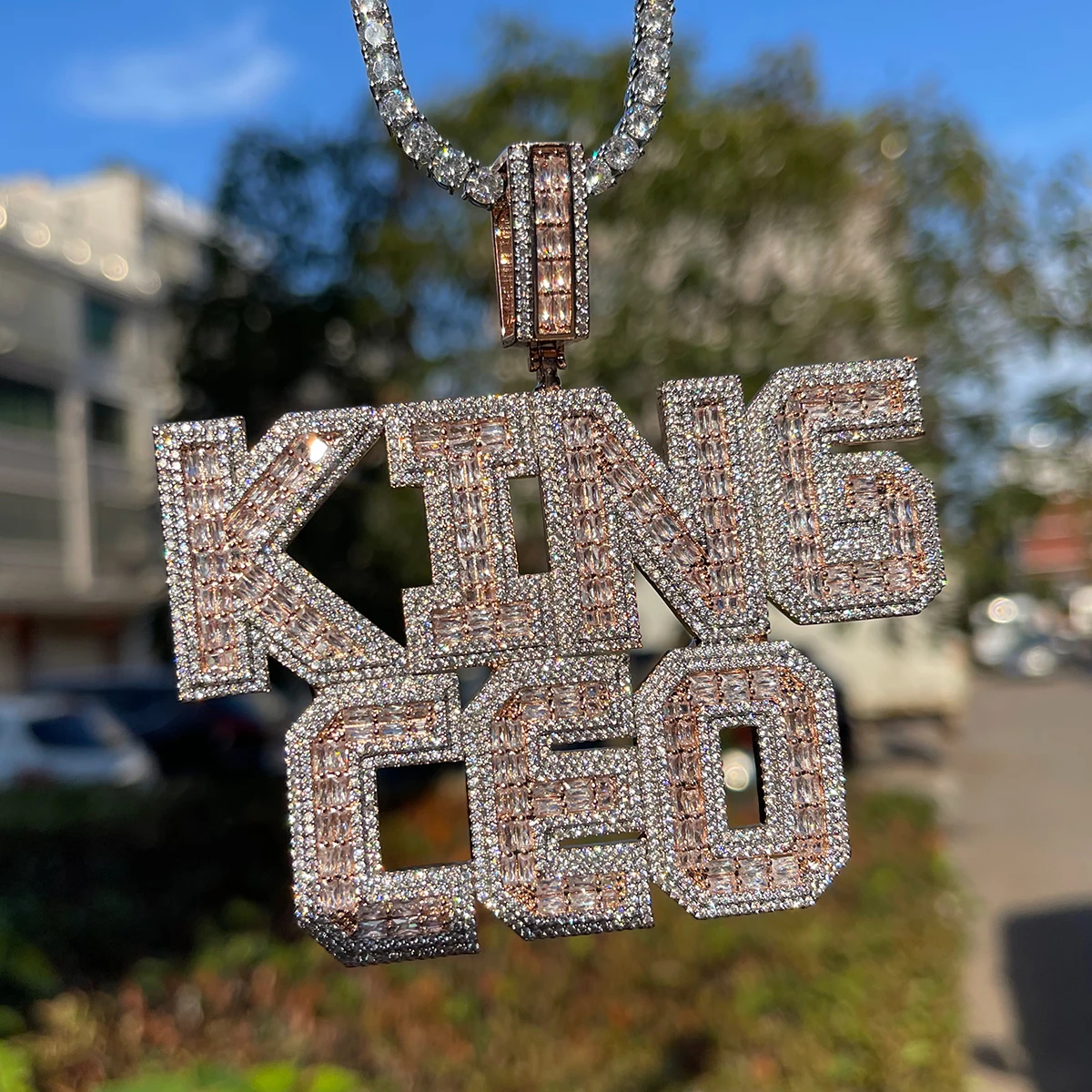 Bubble Letter Baguette Customized Necklace for Men Name Plates Pendant Personalized Iced Out Charm Hip Hop Jewelry