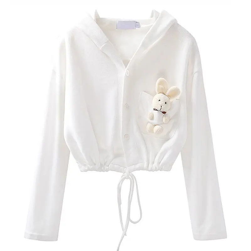

Long Sleeve Hooded Drawstring Korean Short T Shirt Tops Spring Autumn Solid Loose Casual Cardigan Fashion Trend Women Clothing