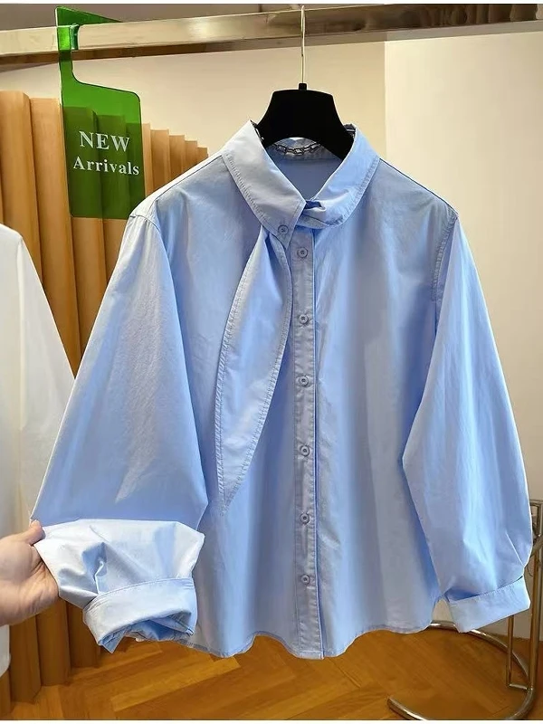 

Korean Style Large Size Women's Shirt with Belt Fashionable Design Breathable Skin-Friendly Summer Long Sleeve Casual Top