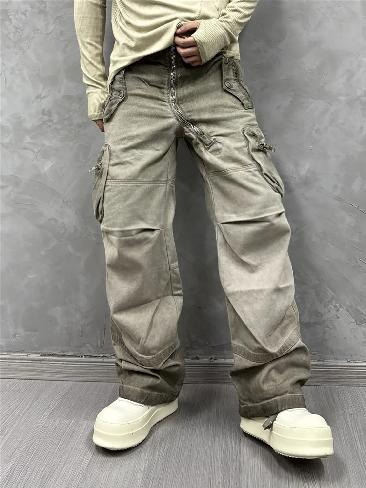 

Heavy Retro Waste Soil Washed Distressed Overalls Personality Oblique Zipper Multi-Pocket Loose Casual Pants Wide Leg Trousers