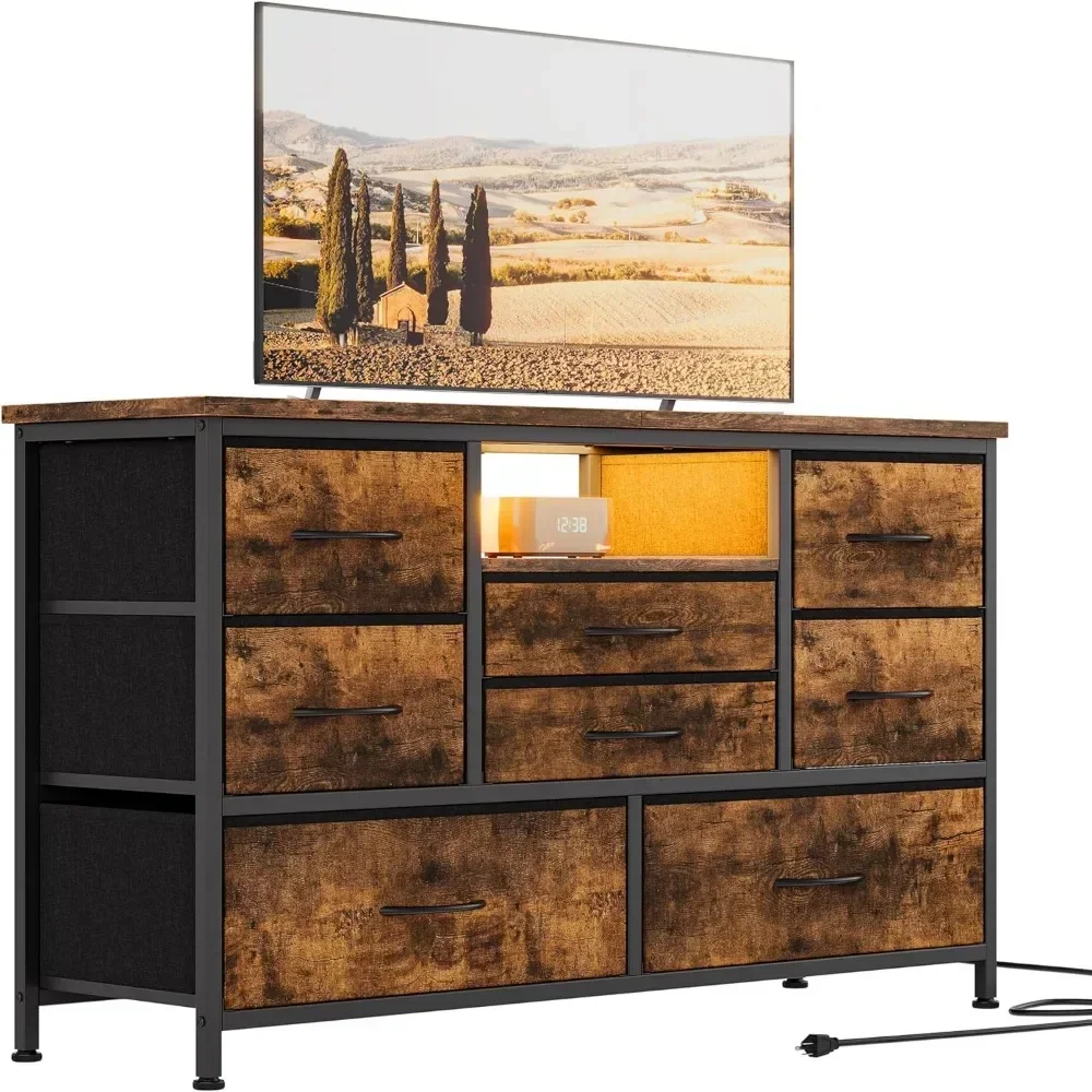 8 Dresser TV Stand with Power Outlet & LED for 55'' TV Wide Console Table for Storage in Closet, Living Room, Entryway, Wood Top