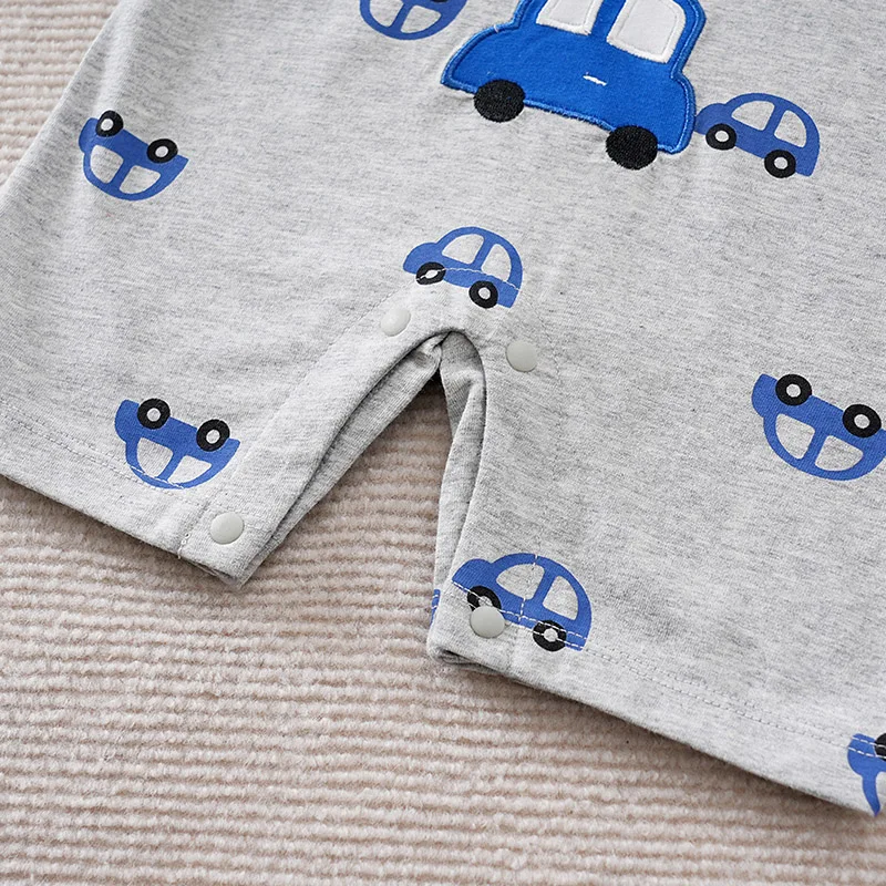 Newborn Boys And Girls Jumpsuit Baby Clothing Cute Cartoon Toy Car Baby Casual Full Print Gray Summer Short Sleeved Jumpsuit