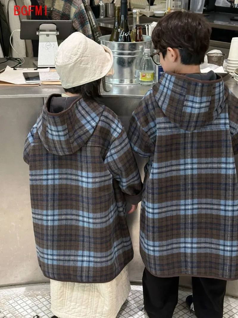 2-14Y Boys Girls Blue Checkered Woolen Zipper Hood Coat 2026 New Autumn Winter Korean Medium Long Grid Coat Thickened Overcoat