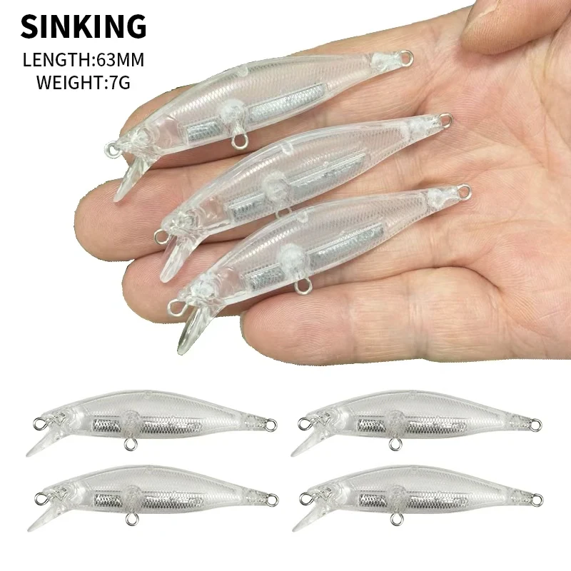 

50pcs Unpainted Minnow Fishing Lures 63mm 7g Sinking Minnow Artificial Bait Pike Trout Isca Pesca DIY Transparent Blanks Body