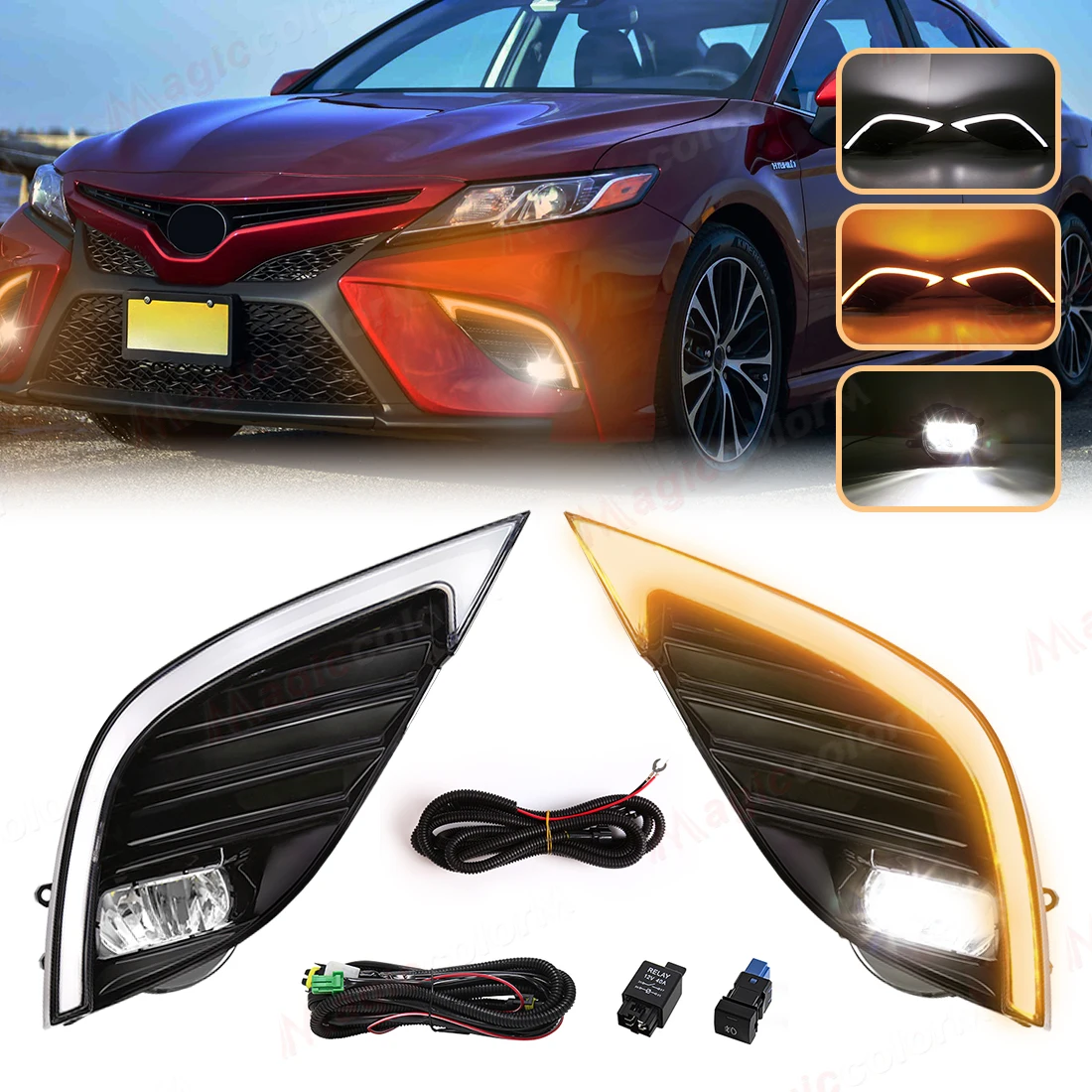 

LED Fog Lamp DRL For Toyota Camry SE XSE 2018 2019 2020 Daytime Running Lights Yellow Dynamic Turn Signal Headlights With Wire