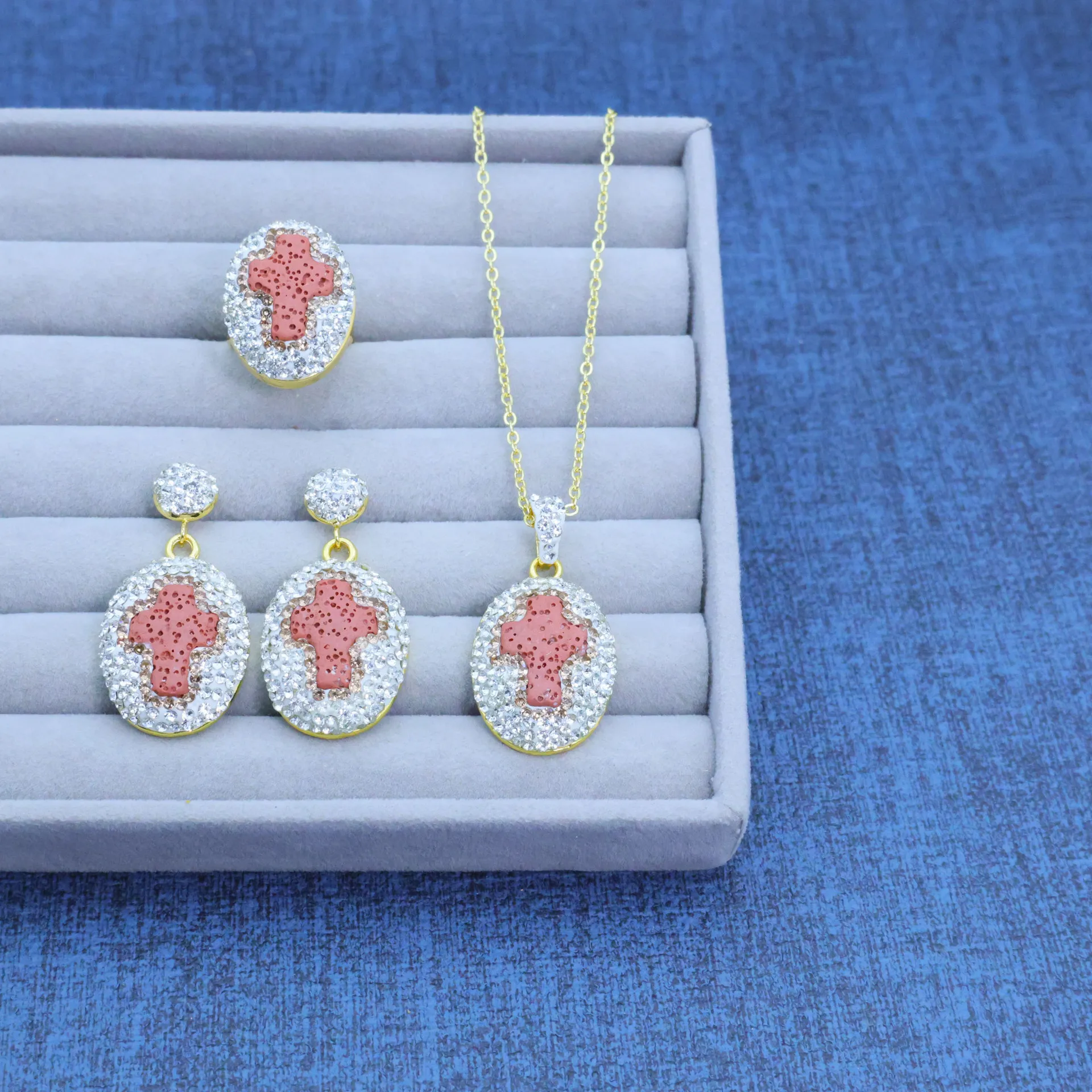 Cross-border hot-selling volcanic stone cross niche design three-piece fashion temperament set original handmade design