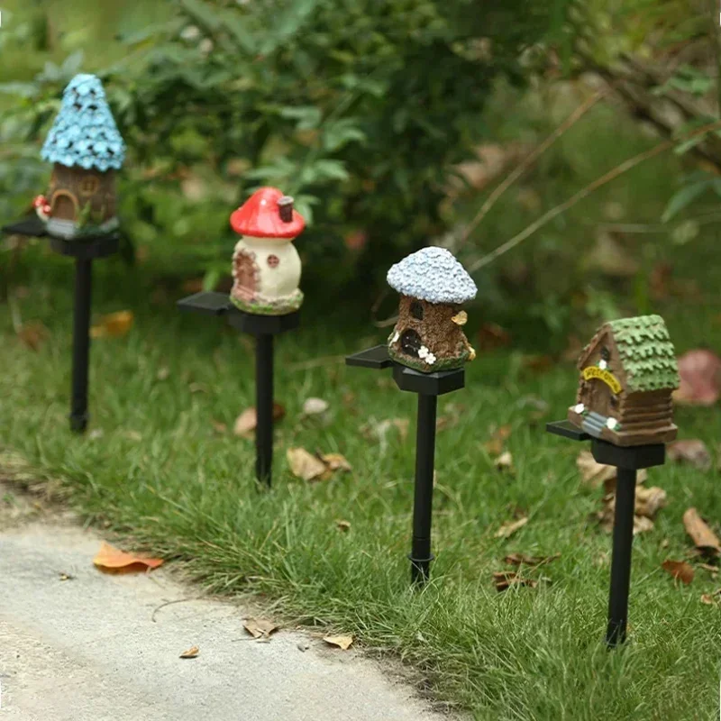 1pc Creative Solar Resin Mushroom House Light, Waterproof Small House Led Floor Plug Light For Outdoor Garden Lawn Decoration