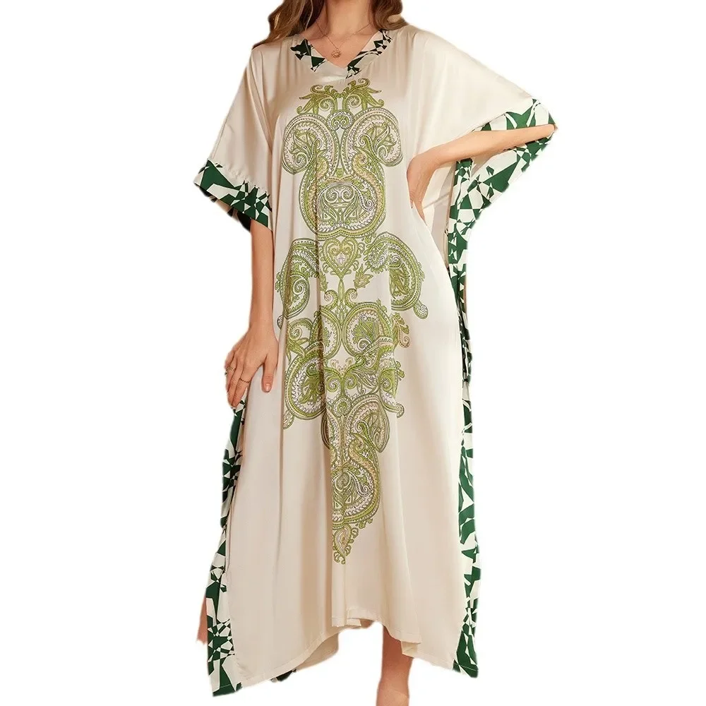 Pakaian Tidur Jubah Panjang Wanita Musim Semi Musim Panas Gaun Jubah Mandi Kimono Bunga Print Gaun Malam Satin Sutra Longgar Baju Rumah