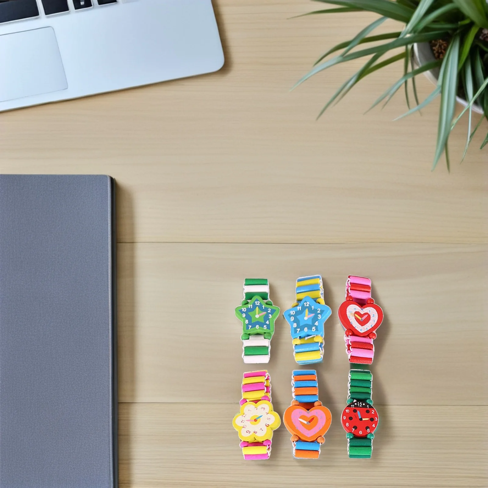 6pcs Wooden For Kids Watch Kids Cartoon Wood Wristwatches Simulation Clock Bracelet Children'S Gift Wood Crafts